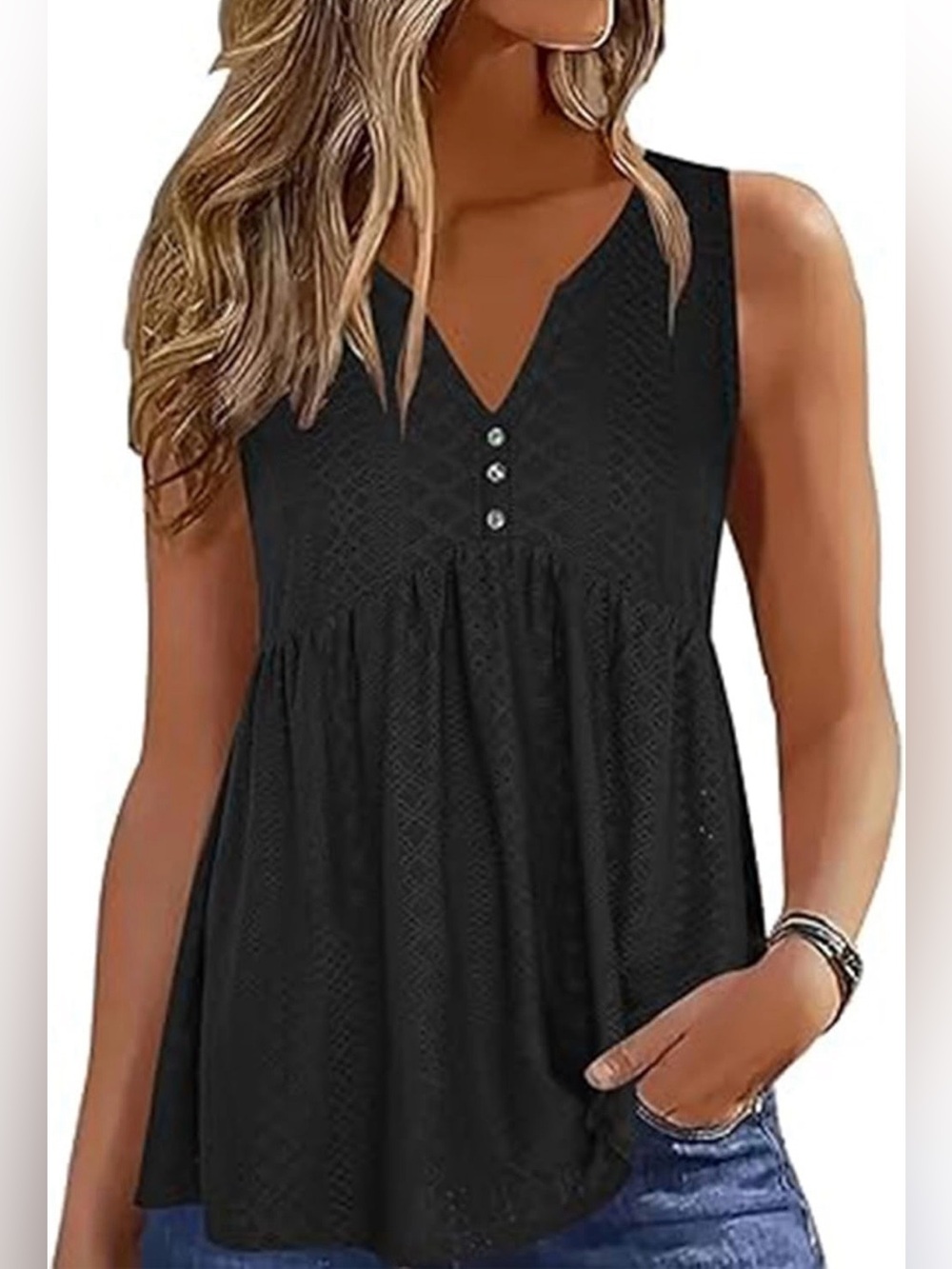 ETCYY Black Eyelet Lace Babydoll Top V-Neck Rhinestone Button Sleeveless S NWT